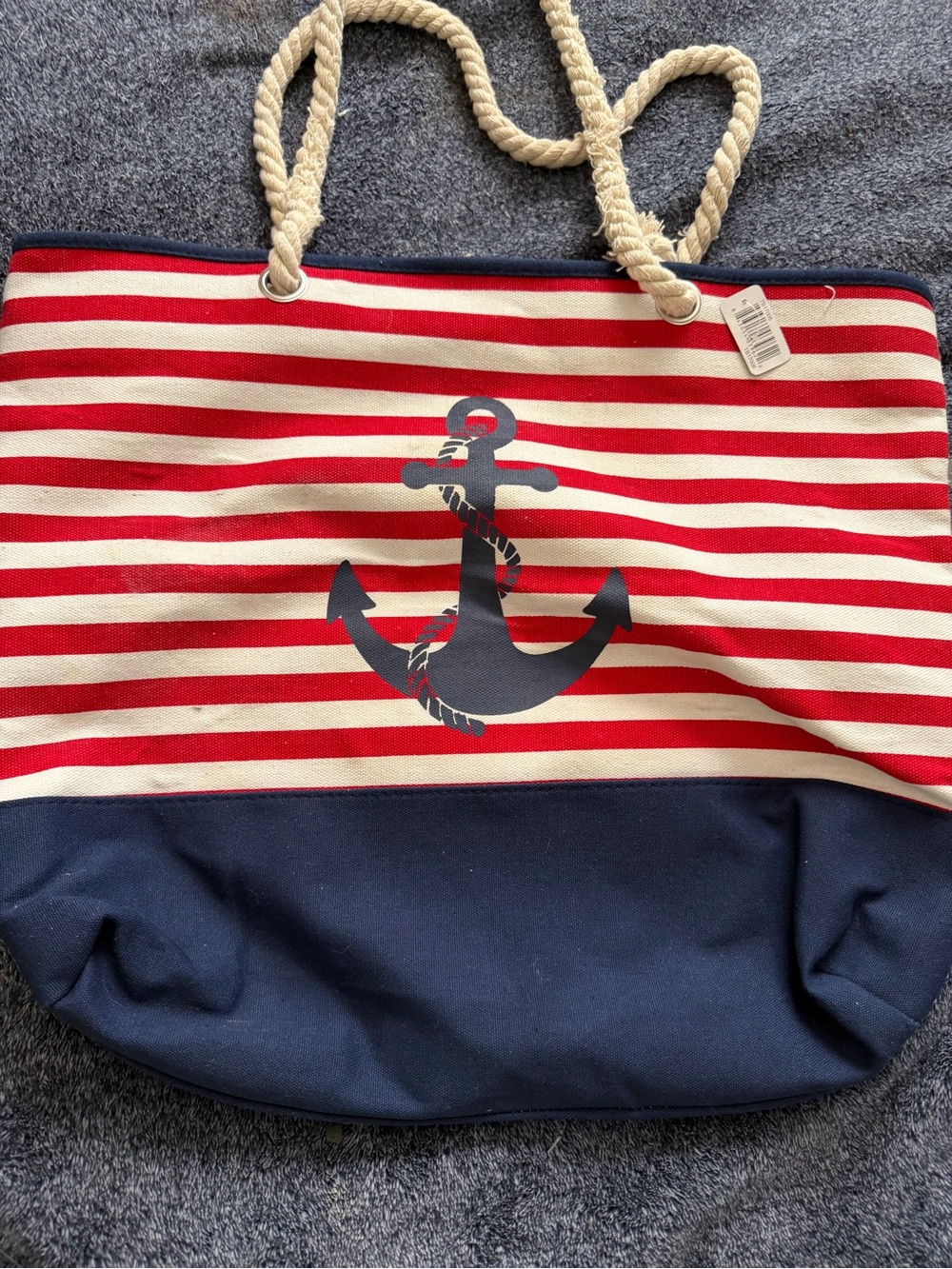 Kendall & James Red and White Striped Anchor Beach Tote Bag with Rope Handles